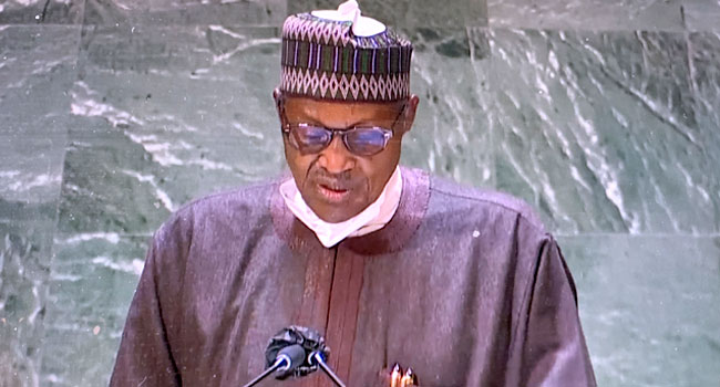 A photo taken on September 24, 2021, shows President Muhammadu Buhari addressing world leaders at the 76th Session of the United Nations General Assembly (UNGA76) in New York, the United States